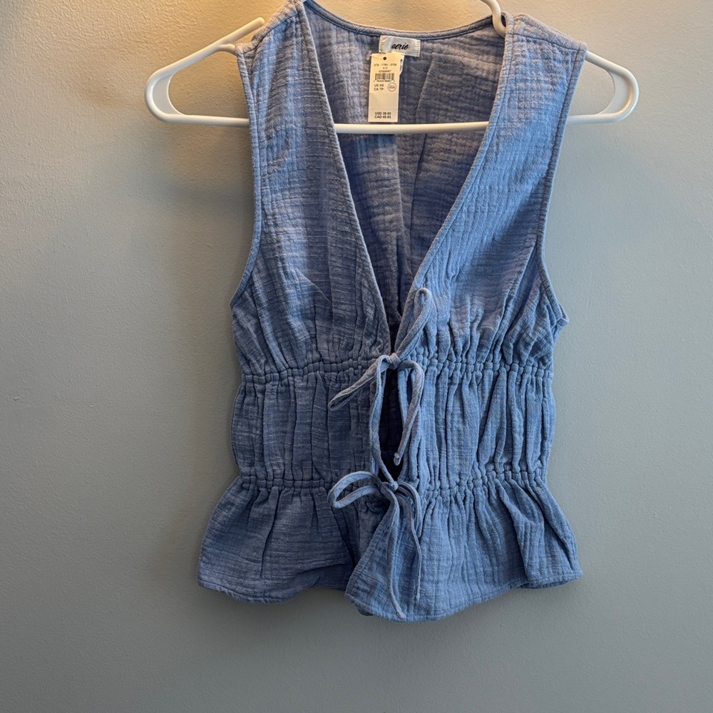 NWT Aerie Light Blue Textured tie-front top